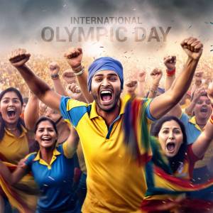 A diverse group of athletes celebrating with raised fists in front of a cheering crowd on International Olympic Day.