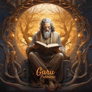 Digital art depicting a wise, bearded sage reading a book under a tree, with the text 'Guru Purnima' displayed.