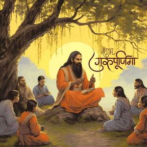 Illustration of Guru Gorakhnath with disciples under a tree during Guru Purnima