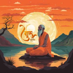 Illustration of a Guru meditating in front of a full moon on Guru Purnima