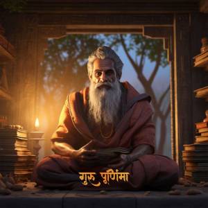A digital painting of a wise, elderly guru meditating in a temple.