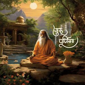 A serene image of a meditating guru in a lush natural setting with a full moon.