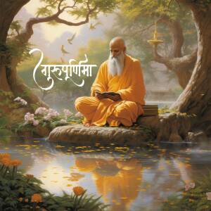A serene image of a monk meditating by a tranquil lake surrounded by lush greenery.