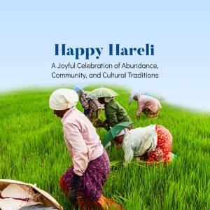 People working in a lush green rice paddy field with the text 'Happy Hareli - A Joyful Celebration of Abundance, Community, and Cultural Traditions'