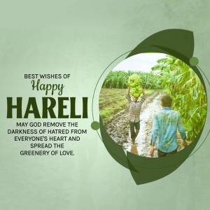 Hareli festival greeting with a farmer carrying a crop and a green background.