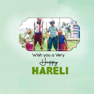 Group of people celebrating Hareli festival with traditional attire and props.