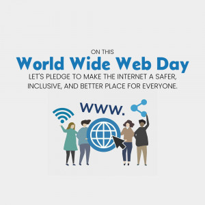 Illustration celebrating World Wide Web Day with people and internet symbols.