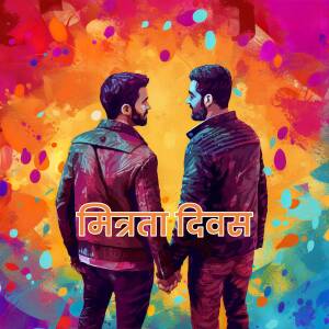 Two men holding hands in front of a colorful splash art background with text 'Mitrata Divas'