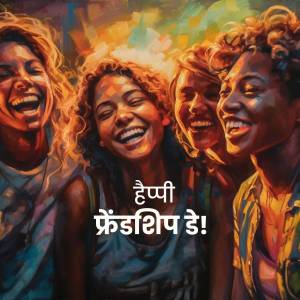 Four women laughing and enjoying each other's company with text in Hindi and English.