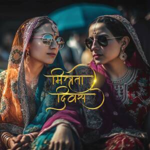 Two women in traditional Indian attire with sunglasses looking forward
