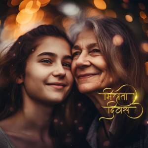 Close-up portrait of a grandmother and granddaughter smiling at the camera with bokeh lights and text in Devanagari script.