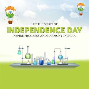 Independence Day greeting with science lab equipment and hot air balloons in Indian flag colors.