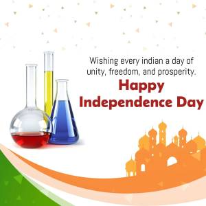 Independence Day greeting with science imagery and Indian landmarks.