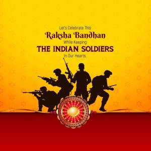 Raksha Bandhan greeting with silhouettes of Indian soldiers and a Rakhi.