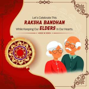 Raksha Bandhan greeting card featuring an elderly couple and a Rakhi.
