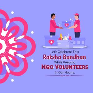 Illustration of delivery volunteers exchanging gifts with a Raksha Bandhan theme.