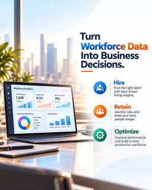 A laptop displaying data analytics dashboards on a desk with a city skyline background, highlighting business intelligence solutions.