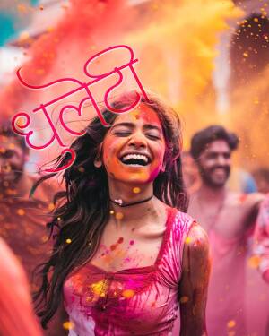 A young woman laughing and covered in colorful powder during a Holi festival celebration.