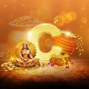 Image of Goddess Lakshmi seated on a lotus with gold coins and a large golden 'G' symbol.