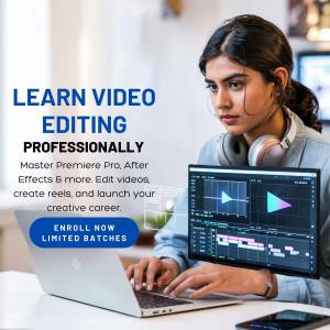 Woman editing video on laptop with text overlay promoting video editing course