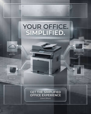 Professional office multifunction printer with cloud, laptop, and mobile device connectivity icons on a metallic background.