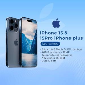 iPhone 15 and 15 Pro models with key features listed