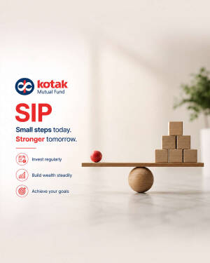 A creative visual representation of Kotak Mutual Fund SIP featuring a balance scale with blocks and a red ball, emphasizing financial growth.