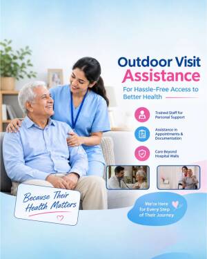 A smiling nurse assisting an elderly man, promoting outdoor health visit services.