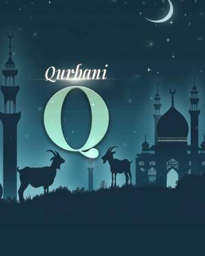 Qurbani Mubarak illustration with mosque, goats, and crescent moon