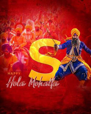 A vibrant image depicting a Sikh warrior with a large 'S' and celebrating Hola Mohalla.