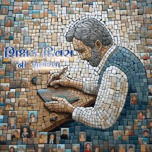 Mosaic art depicting a man writing, composed of many smaller portraits.