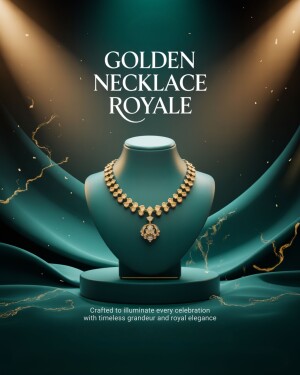 A luxurious golden necklace displayed on a teal mannequin bust against a dark green velvet background with golden spotlights.