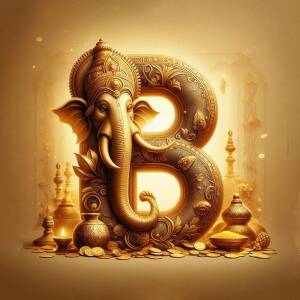 Golden letter B shaped like Lord Ganesha with traditional Indian elements