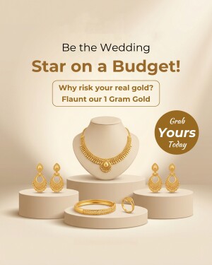 Luxury 1 gram gold necklace, earrings, bangle, and ring displayed on elegant podiums