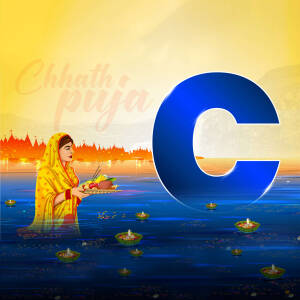 Illustration of a woman performing Chhath Puja with a large 'C' letter in the background.