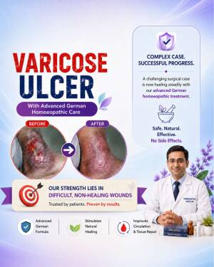 A doctor presenting successful varicose ulcer healing results using German homoeopathic treatment.