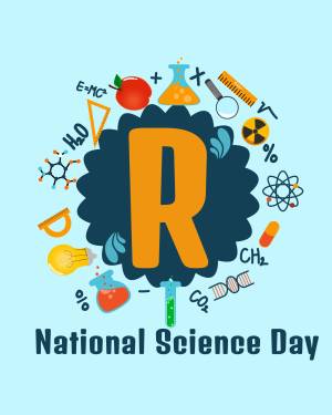 Illustration for National Science Day featuring science symbols and a large letter R