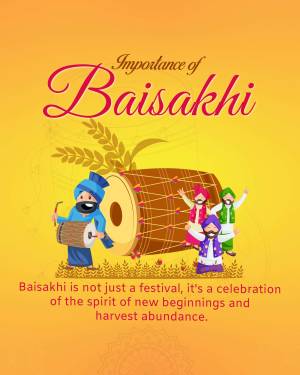 Illustration depicting Baisakhi festival with people celebrating and a dhol drum.