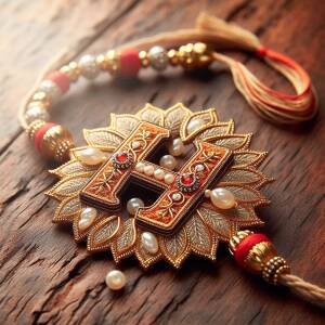 Close-up of a beautifully crafted Rakhi with the letter 'H' on a wooden surface
