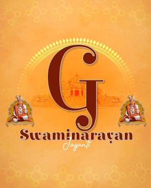 Swaminarayan Jayanti greeting with a large 'G' and images of Swaminarayan