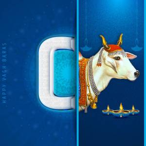 Image depicting a cow head with decorative elements and the text 'Happy Vagh Baras'.