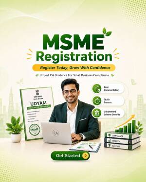 Professional man using a laptop for MSME registration services with Udyam certificate and business growth charts