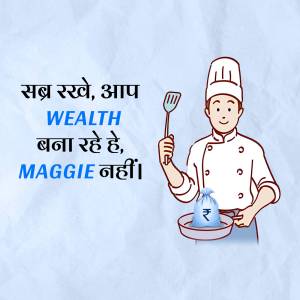 Cartoon chef holding a bag of money over a bowl, with text in Hindi and English.