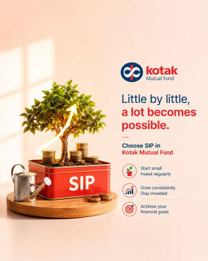 A visual representation of growing wealth through a Systematic Investment Plan with Kotak Mutual Fund showing a small tree growing out of a red box labeled SIP.