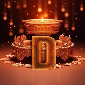 Golden letter 'D' with Diwali lamp and decorations