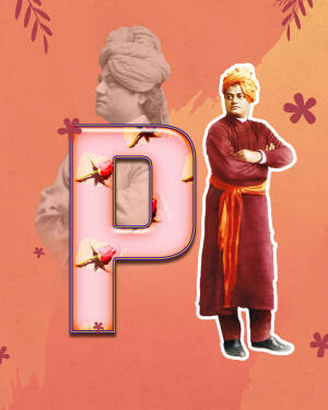 Image featuring Swami Vivekananda alongside a large letter 'P' with bird illustrations.