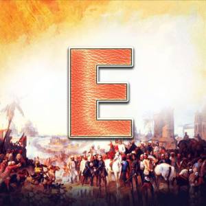 Large orange letter E superimposed on a historical painting of a battle scene.