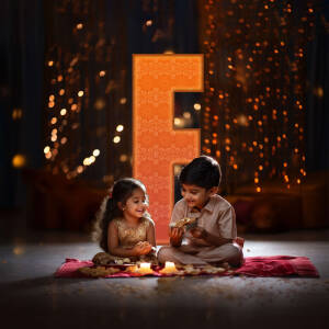 Two young children celebrating Diwali with sweets and lights.