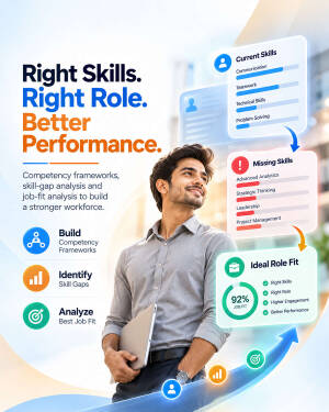 A professional man holding a laptop with digital infographics showing skills gap analysis and ideal role fit