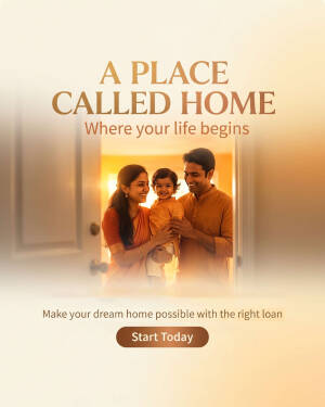 A smiling Indian family of three standing in a doorway of a new home with warm lighting